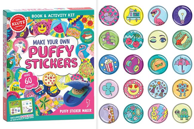 Split image of Puffy Sticker maker packaging and the different types of stickers one can make