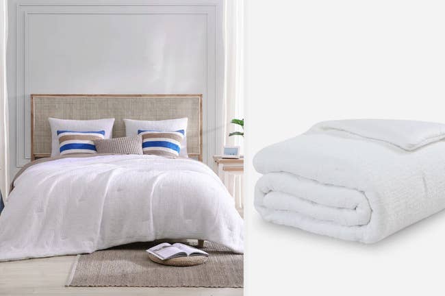 Bed with white comforter and throw pillows in a bedroom, close up of product