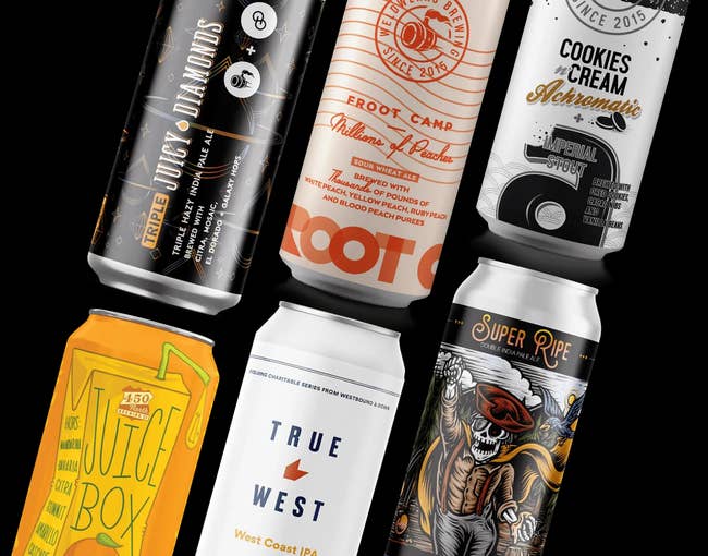 Six craft beer cans with unique, artistic designs and branding labels displayed against a black background