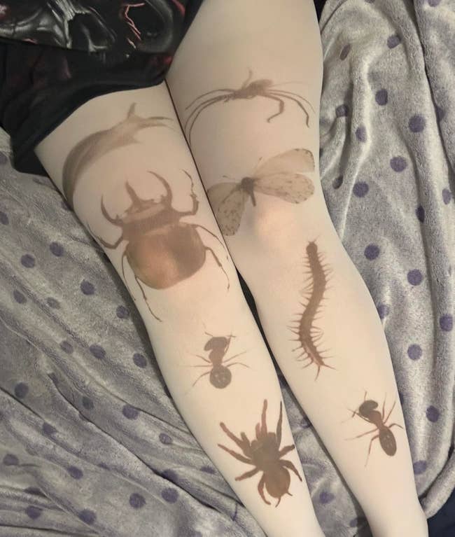 Stockings featuring ample  prints of insects similar  a beetle, butterfly, ant, centipede, and spider, acceptable   against a dotted background