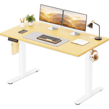 Adjustable table setup with dual monitors, keyboard, lamp, and plant, showcasing an organized workspace for productivity and ergonomic comfort