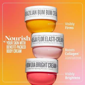 Advertisement for three different body creams with benefits such as firming, restoring elasticity, and brightening skin