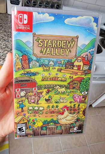 a hand holding a copy of stardew valley for switch