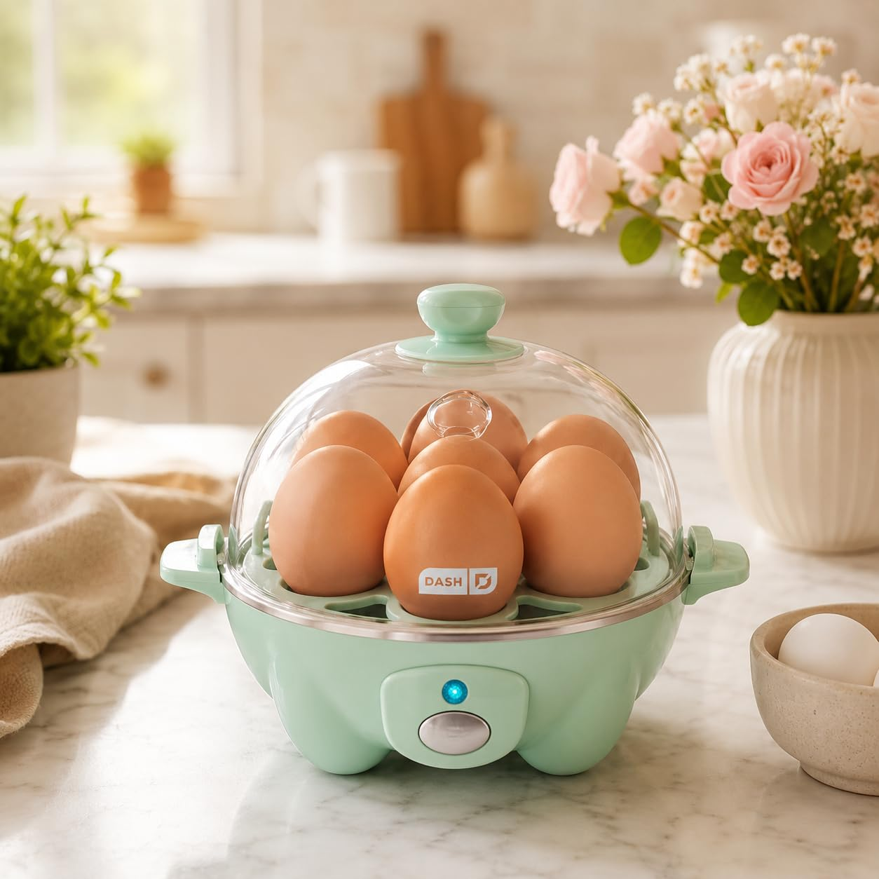 Egg cooker connected  a room  counter, filled with eggs nether  a wide   lid. Flowers and room  decor successful  the background