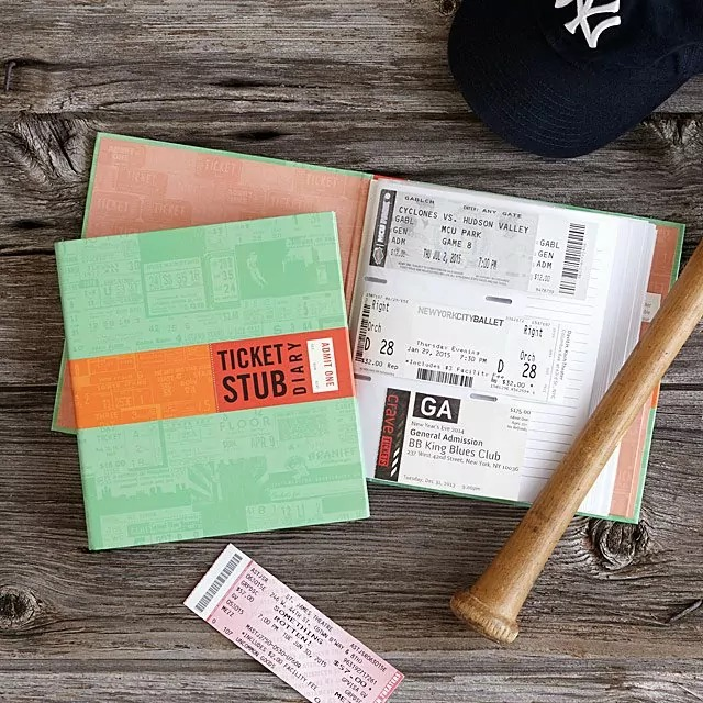 a top-down view of the open diary with tickets inserted. on the page