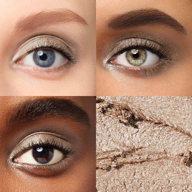 Close-up on four different eyes with beige, shimmery eyeshadow