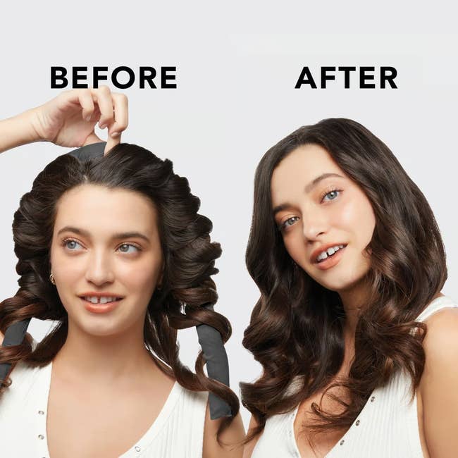 on the left, a model using the curling tool labeled 