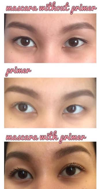 reviewer photos showing their lashes with mascara and no primer, with primer, and with mascara and primer