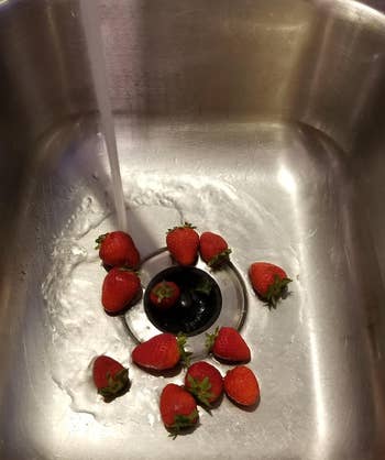 reviewer photo of the sink strainer inside of a running sink catching strawberries
