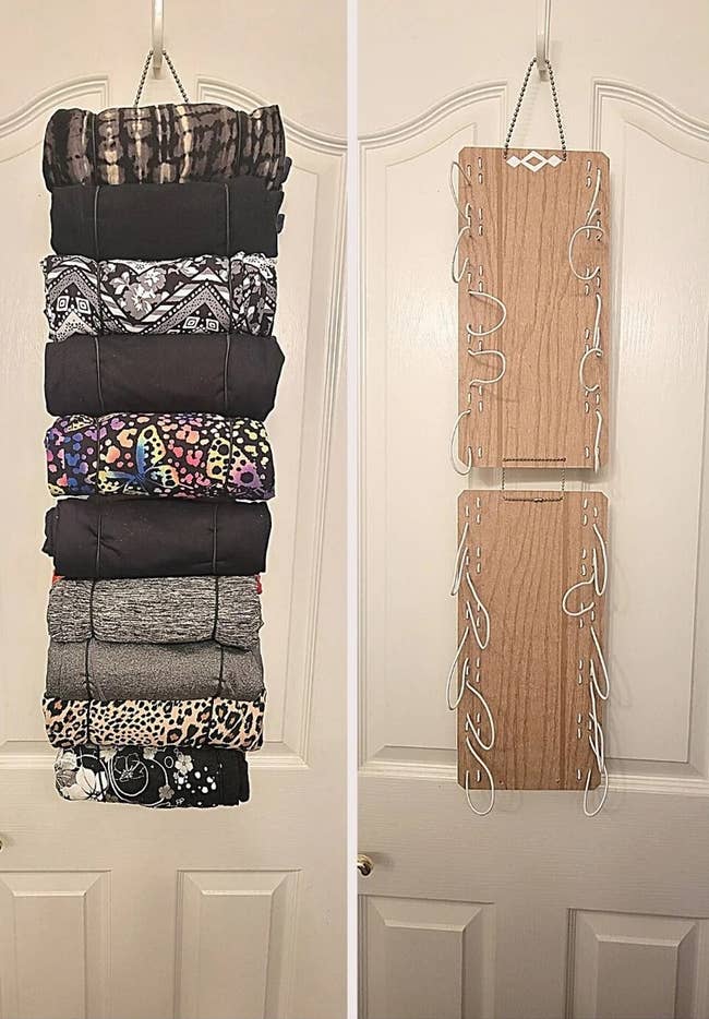 One full hanging organizer with rolled up t-shirts bound by elastic and one empty organizer