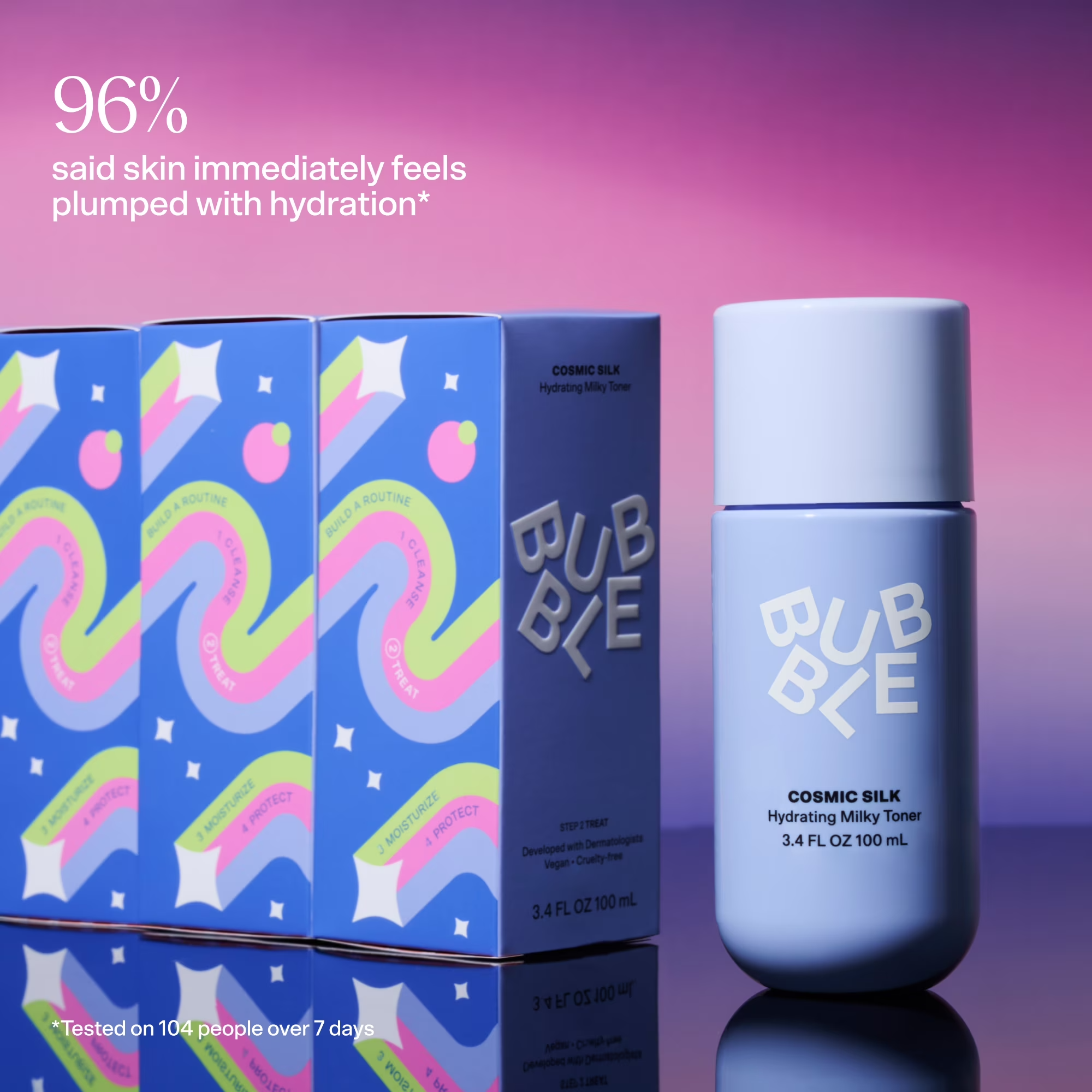 Bubble Cosmic Silk Hydrating Milky Toner vessel  adjacent  to colorful packaging