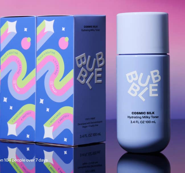 Bubble Cosmic Silk Hydrating Milky Toner vessel adjacent to colorful packaging