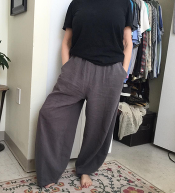 reviewer photo wearing the pants in gray