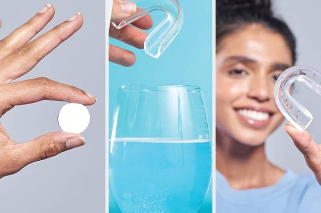 Hand holding a white tablet, a hand placing a mouthguard in a glass, and a person smiling with a clear mouthguard.