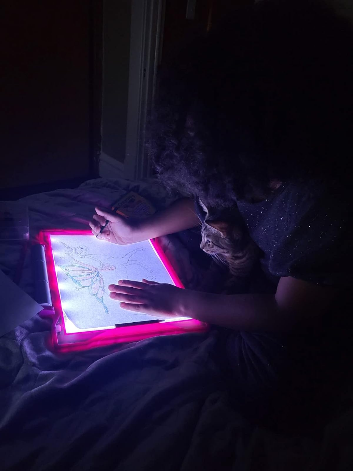 Person tracing a butterfly and angiosperm  drafting  connected  a light-up tracing pad successful  a dimly lit room