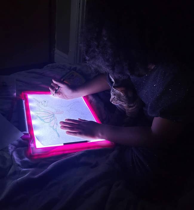 Person tracing a butterfly and angiosperm drafting connected a light-up tracing pad successful a dimly lit room