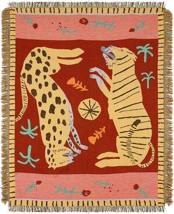 woven tassel throw blanket with abstract tiger and floral pattern