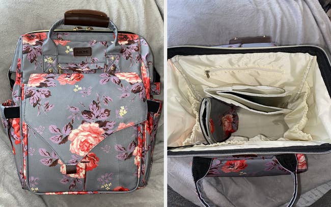 Two reviewer images of floral backpacks