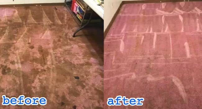 reviewer before and after photos showing a dirty carpet on the left, and a clean one on the right 