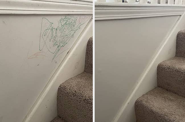 before and after of a reviewer's crayon stained wall cleared up by the spray