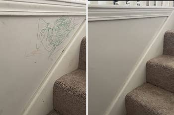 before and aft  representation  of a crayon stained partition  cleared up   by the spray 