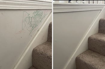 before and after image of a crayon stained wall cleared up by the spray 