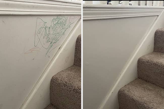 before and after of a reviewer's crayon stained wall cleared up by the spray 
