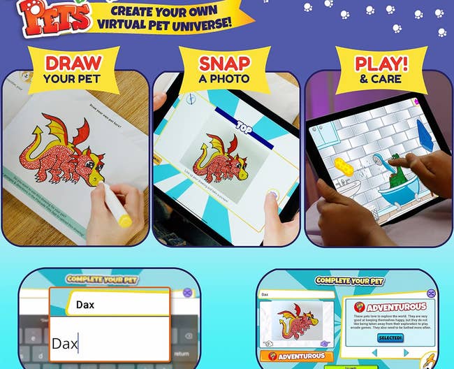 a child drawing a dragon pet, taking a photo of it, then playing with it in the app