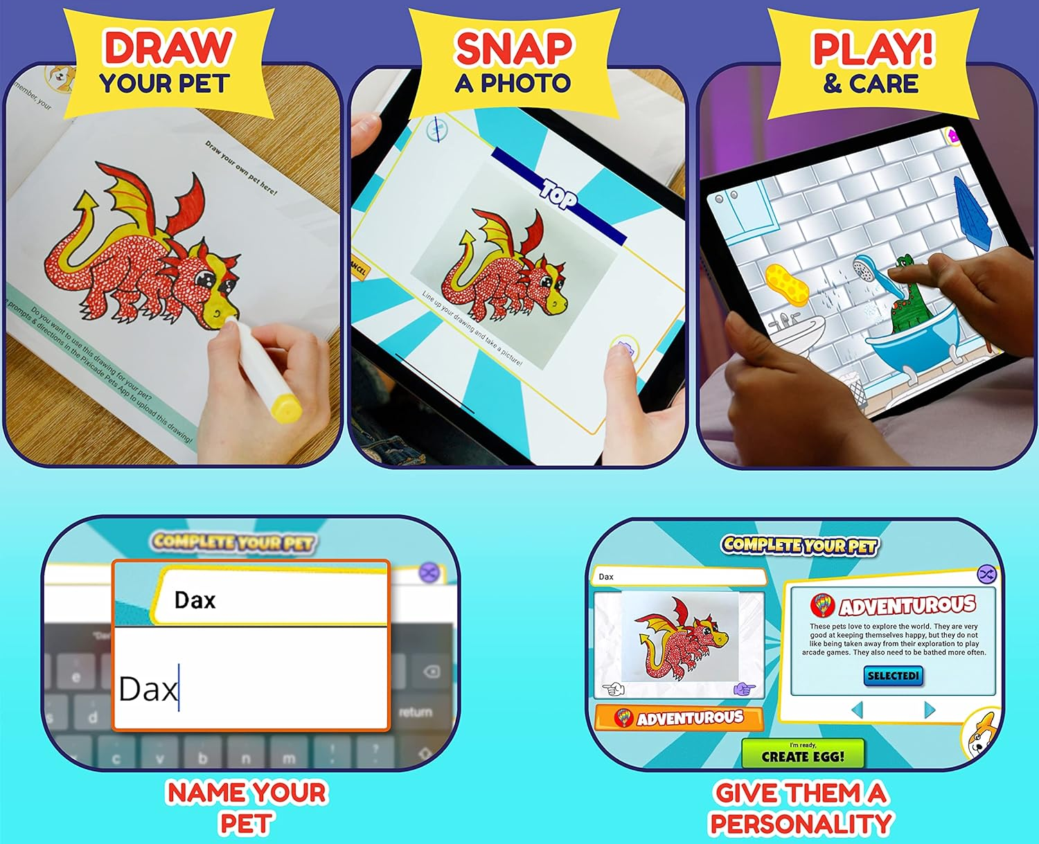 a child drawing a dragon pet, taking a photo of it, then playing with it in the app
