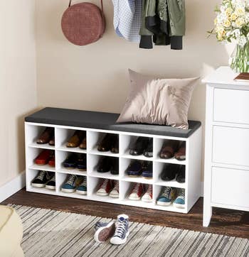 lifestyle photo of shoe cubby bench