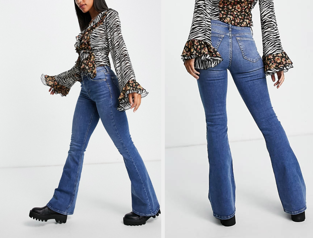 collage of side and back view of model wearing medium blue wash flare jeans