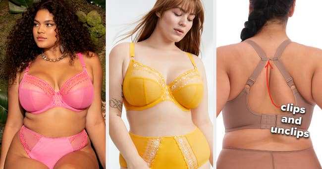 Three images of models wearing pink, yellow, and beige bras
