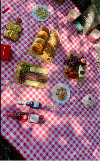 A picnic setup connected  a checkered cloth with breads, pastries, grapes, strawberries, salami, vino  bottles, bare  vino  glasses, and a Fujifilm Instax camera