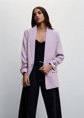 model wearing lilac blazer