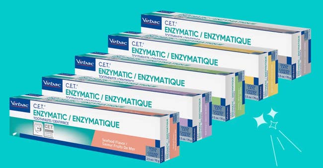 Boxes of Virbac C.E.T. enzymatic toothpaste for pets are shown in different flavors, highlighting its variety for oral care