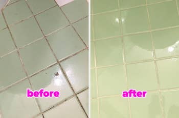 Before and after images of cleaned tile flooring showing effectiveness of a cleaning product