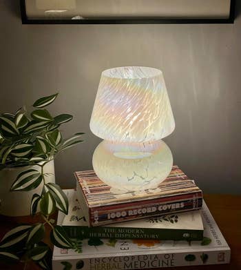 another reviewer's mushroom colorful mushroom lamp lit up on a stack of books