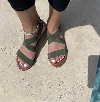 reviewer wearing the sandals in green