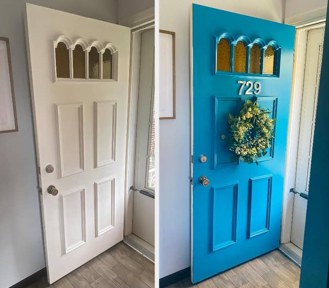 before/after of a white front door painted bright blue
