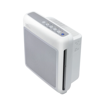 White air purifier with buttons on top on a white background