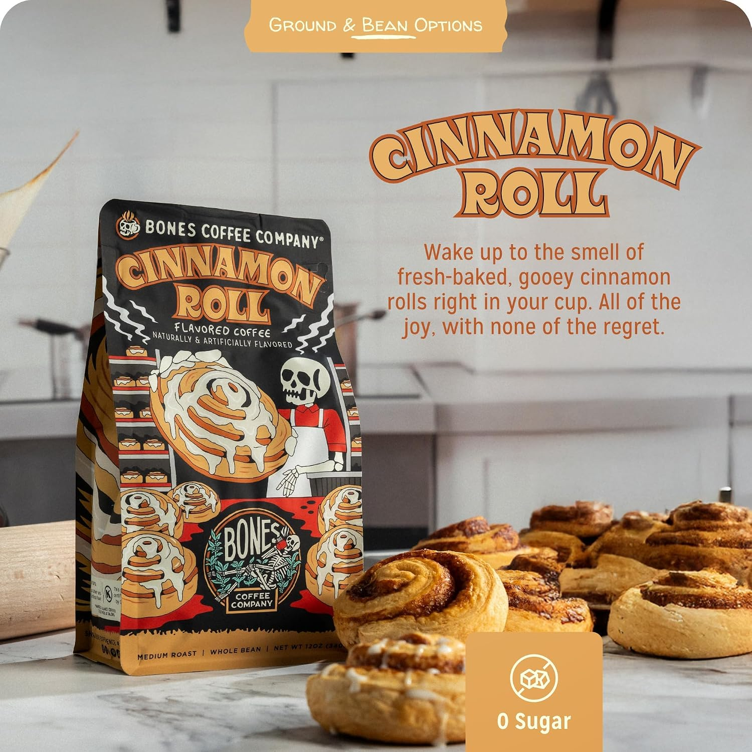 Bones Coffee Company Cinnamon Roll flavored java  container  with a graphic of cinnamon rolls and a skeleton chef. Medium roast, full   bean, 12 oz
