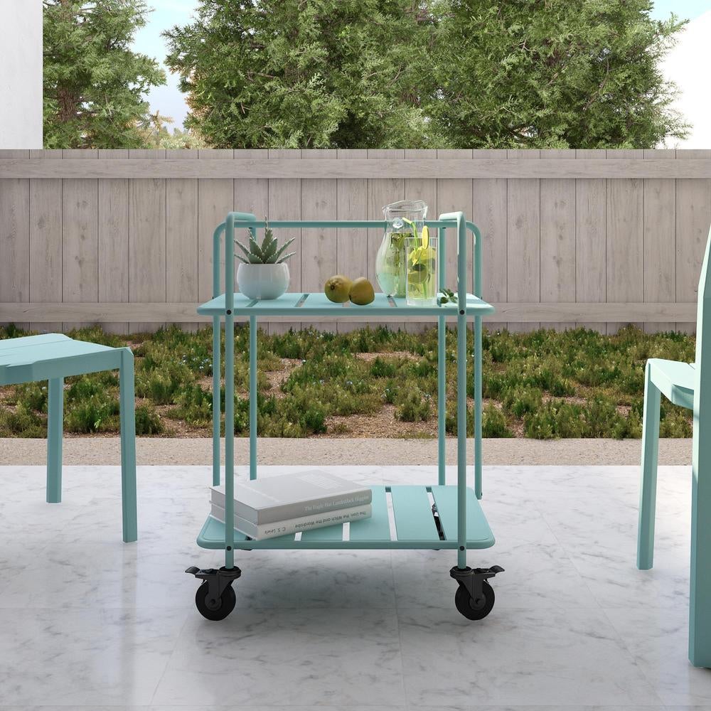 a light blue bar cart on wheels
