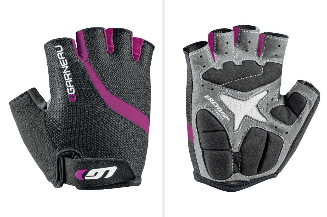 collage, front and back view of women's bike gloves