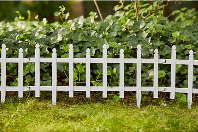 small white picket fence in a garden
