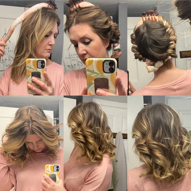 reviewer showing how they put their hair up using the kitsch curler, then the gorgeous curls it leaves afterward