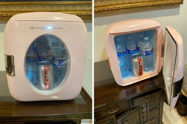 Reviewer image of pink mini fridge with clear window, interior of product with water bottles and soda
