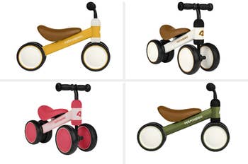 Four photos of the balance bike in yellow, white, pink, and green