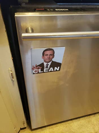 reviewer's dishwasher with magnetic photo of Michael Scott saying