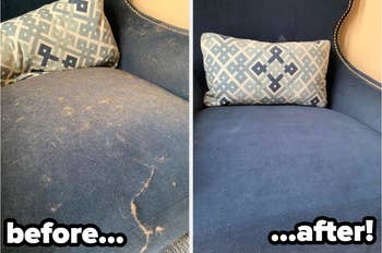 left: reviewer image of blue chair covered in pet hair / right: after image of the chair completely clean and free of hair