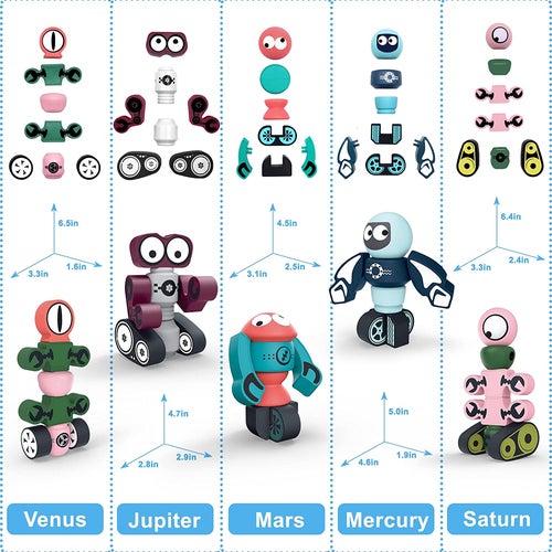 Grid image of five different robots assembled from their respective parts